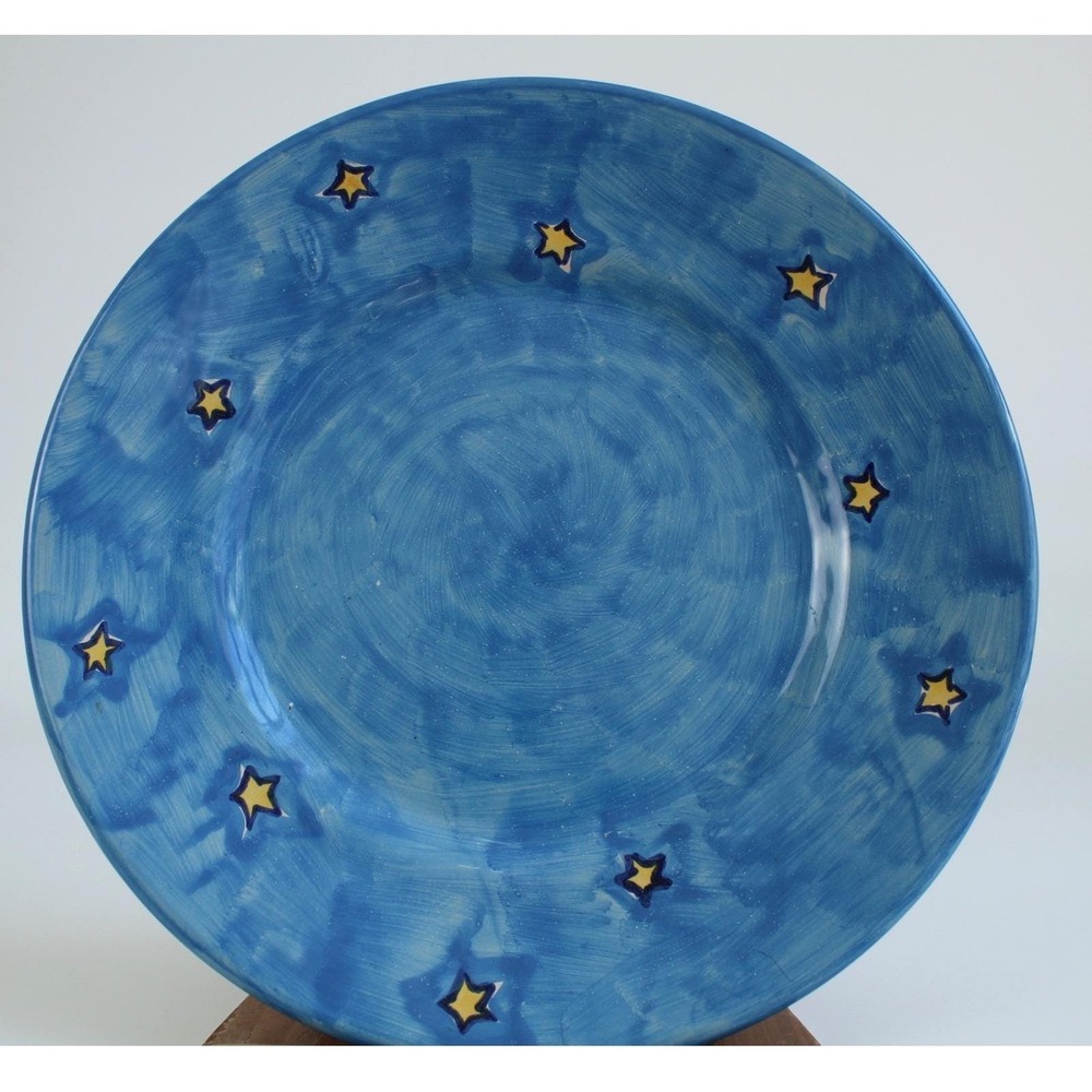 Lamas Italy Ceramic Dinner Plate Blue Hand Painted Yellow Celestial Stars 11in